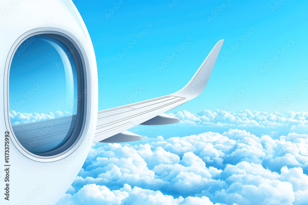 close up view of airplane window with wing against blue sky close up view of airplane window with wing against blue sky
