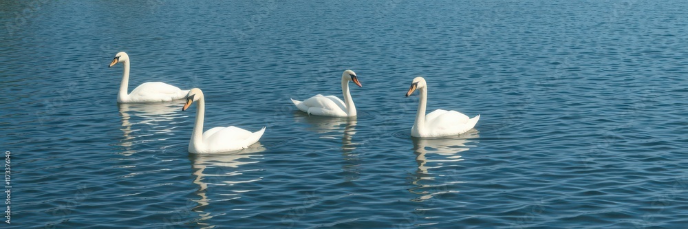 Graceful white swans glide across a calm, sunlit blue lake, water, feather, reflection Graceful white swans glide across a calm, sunlit blue lake, water, feather, reflection