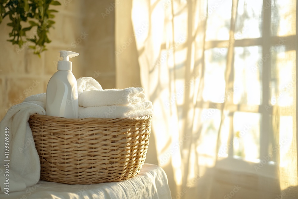 Sunlit wicker basket with clean white towels and lotion bottle near window. Sunlit wicker basket with clean white towels and lotion bottle near window.