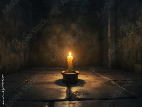 single candle illuminates a dark, stone dungeon
