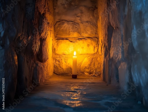 candle illuminates a damp, stone chamber with warm light photo