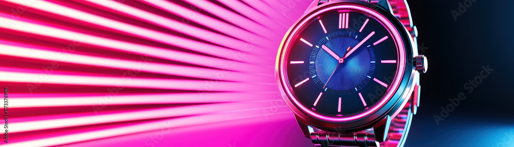 Fototapeta premium stylish watch illuminated by vibrant neon lights, showcasing modern design