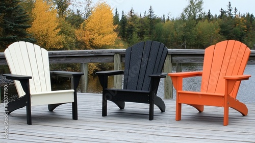 Three Adirondack Chairs on a Deck by the Lake in Autumn
