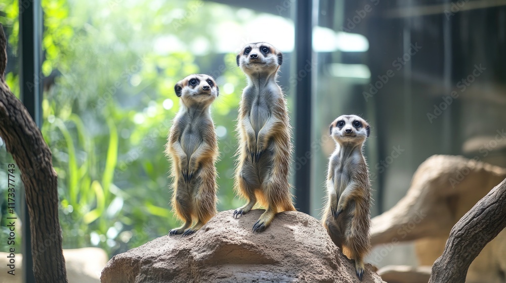 Fototapeta premium Three meerkats standing on a rock in a natural habitat setting.