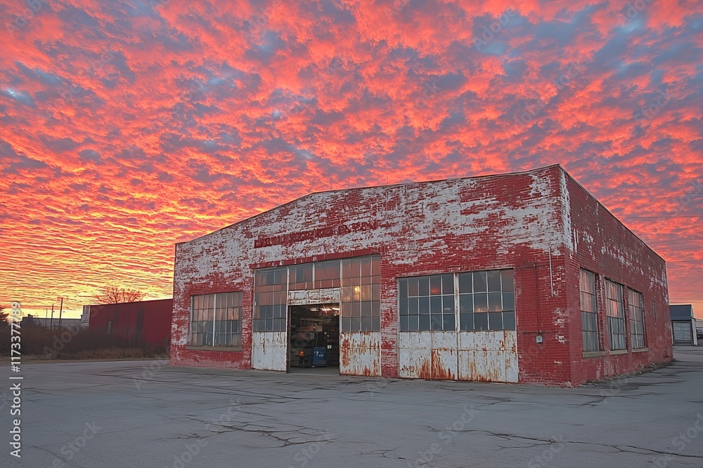 Vibrant sunset illuminates an old red warehouse surrounded by colorful clouds in a rural area Vibrant sunset illuminates an old red warehouse surrounded by colorful clouds in a rural area