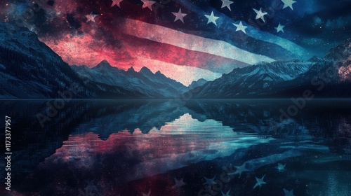 American Flag Reflected In Mountain Lake