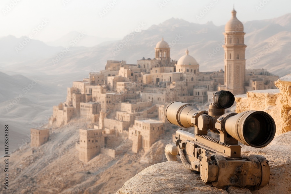A tactical scene featuring a khaki machine gun mounted on a vehicle, with a desert town in the background A tactical scene featuring a khaki machine gun mounted on a vehicle, with a desert town in the background