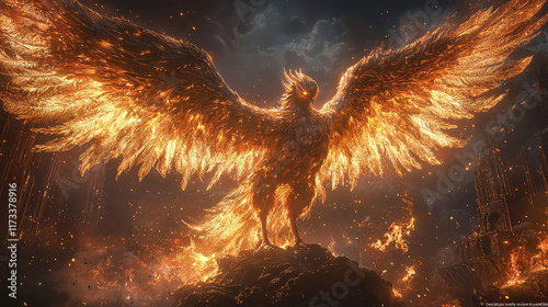 Fiery phoenix bird rising from ashes, majestic wings spread wide, amidst burning ruins. photo