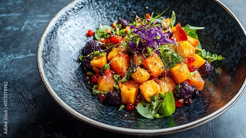 Seasonal ingredients showcased in vibrant, colorful dishes, highlighting the best of naturea??s bounty photo
