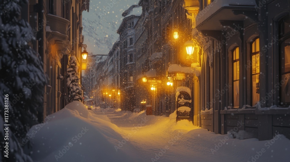 Naklejka premium Snow-covered streets of Saint Moritz, bathed in the soft glow of yellow lights, capturing the charm and warmth of a peaceful winter evening in the Alps
