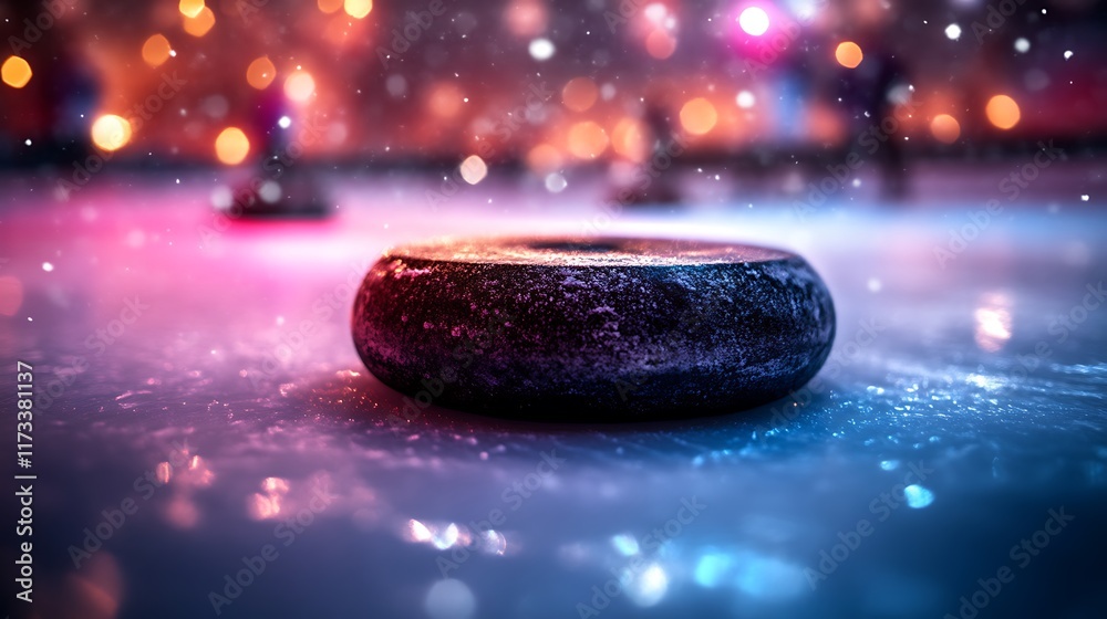 Curling Stone on Ice Under Festive Lights