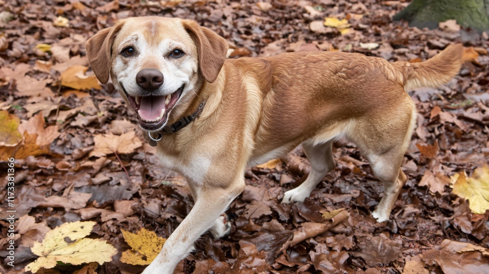Happy Dog in Autumn Leaves Fall Season Adorable Pet Happy Dog in Autumn Leaves Fall Season Adorable Pet
