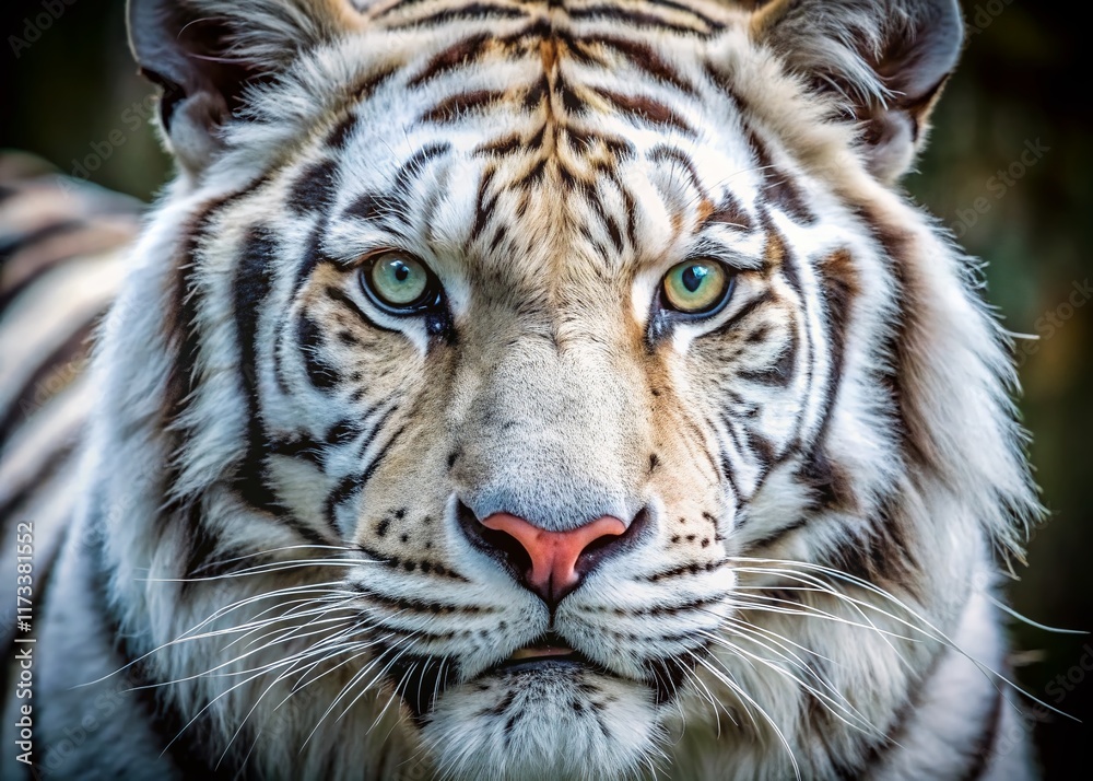 Fototapeta premium Majestic White Tiger Close-Up: Stunning Macro Photography of a Rare Big Cat's Head