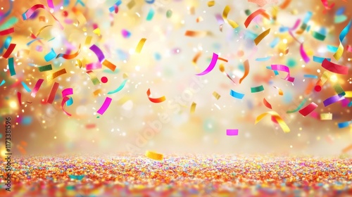 A colorful explosion of confetti is falling from the sky