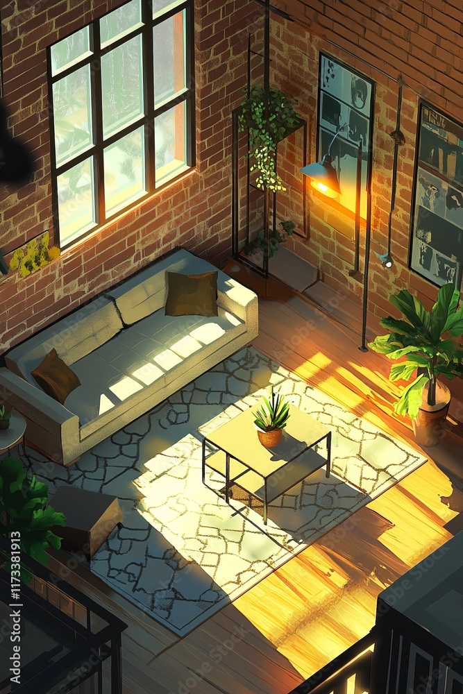Fototapeta premium Sunlit modern loft living room with brick walls, cozy sofa, and lush indoor plants creating a warm, inviting atmosphere.