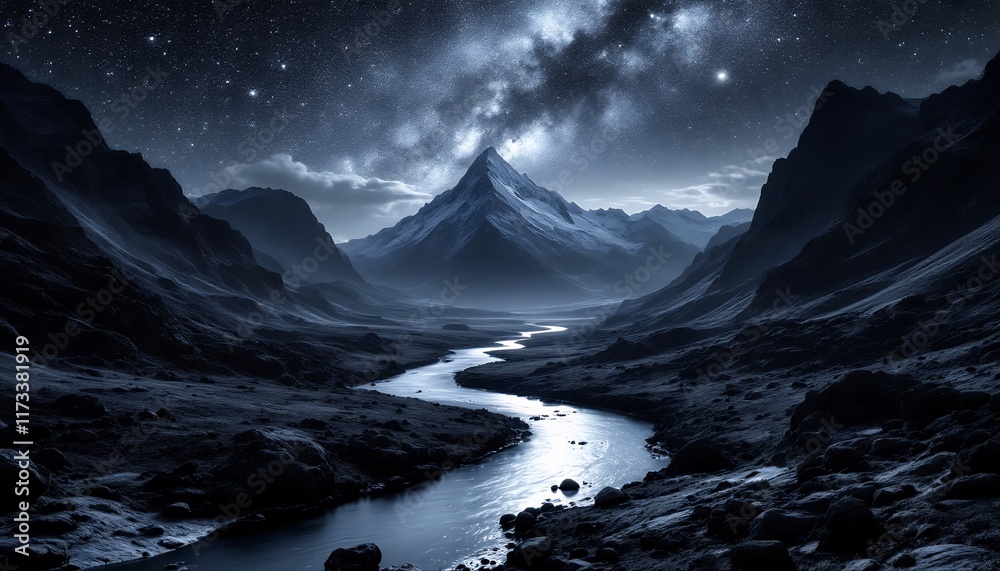 Obraz premium Celestial River: A Nighttime Mountain Valley Landscape