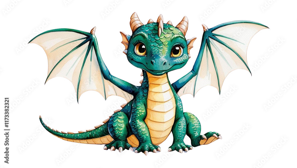 Obraz premium Adorable baby dragon, teal scales, big eyes, tiny claws, spread wings, whimsical watercolor style. Fantasy charm!
