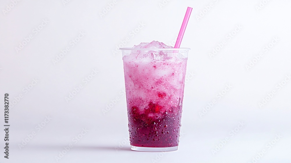 Refreshing pink beverage with ice in a plastic cup, featuring a pink straw against a white background. Refreshing pink beverage with ice in a plastic cup, featuring a pink straw against a white background.