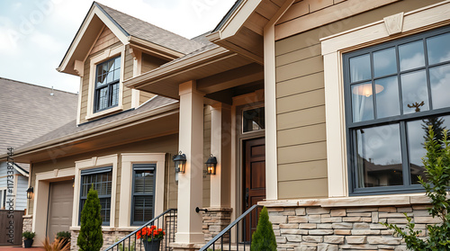 Fototapeta Naklejka Na Ścianę i Meble -  Two-Story House with Beige Siding and Stone Accents