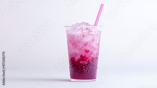 Wallpaper Mural Refreshing pink beverage with ice in a plastic cup, featuring a pink straw against a white background. Torontodigital.ca