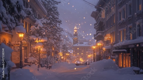 The charming streets of Saint Moritz blanketed in snow, with warm yellow lights glowing from windows and street lamps, creating a cozy, winter dusk atmosphere
