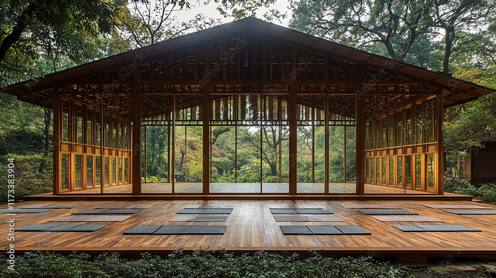 Tranquil bamboo yoga pavilion in lush forest. Tranquil bamboo yoga pavilion in lush forest.