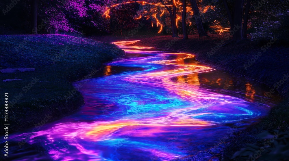 Fototapeta premium A fantasy world where rivers flow with neon colors and trees glow in the dark, symbolizing the surreal and imaginative.