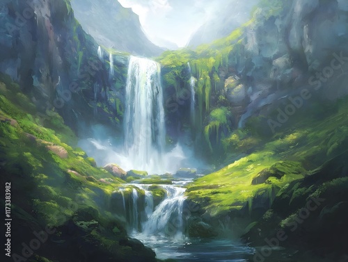 misty waterfall cascading water lush green vegetation scenic landscape
