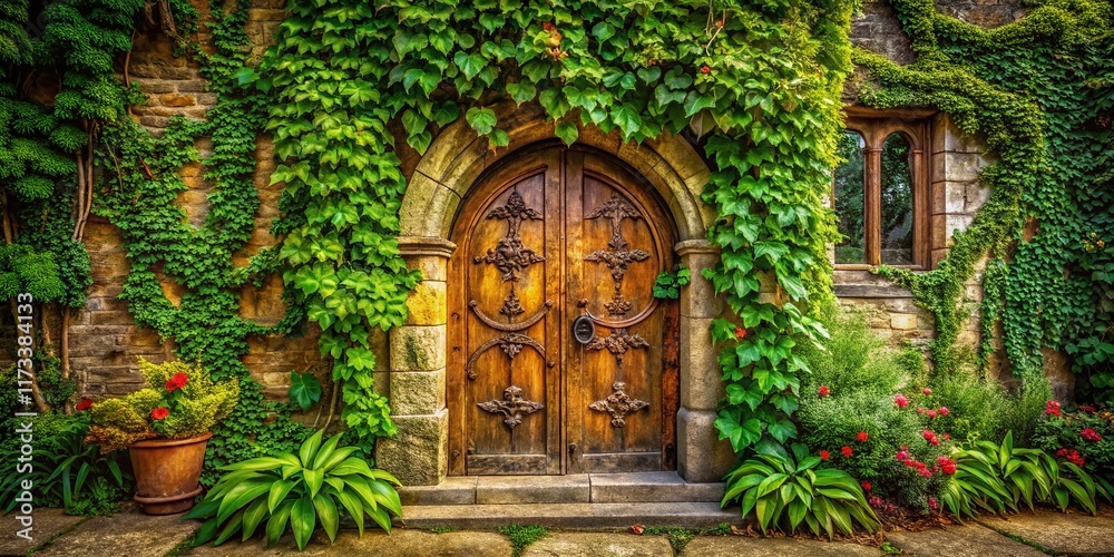 Medieval Doorway Overgrown with Ivy: Double Exposure Stock Photo Medieval Doorway Overgrown with Ivy: Double Exposure Stock Photo