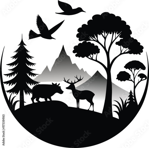 Silhouettes set of African wild animals in nature habitats