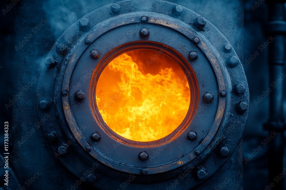 Flames visible through a large circular opening on a vintage steam engine boiler in usage Flames visible through a large circular opening on a vintage steam engine boiler in usage