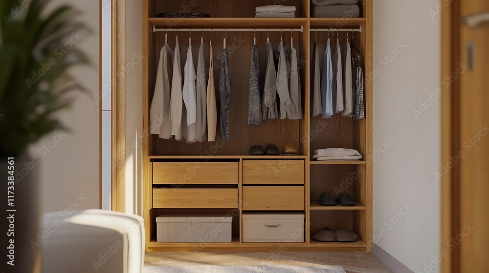 Small wardrobe with multi-functional furniture, hanging rods, and shelves Small wardrobe with multi-functional furniture, hanging rods, and shelves
