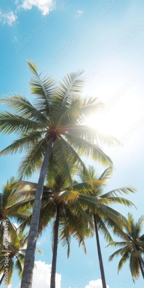 Sun-drenched coconut palms against vibrant blue sky, coconut tree, relaxing Sun-drenched coconut palms against vibrant blue sky, coconut tree, relaxing