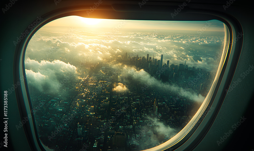 Obraz premium Breathtaking aerial view of new york city skyline during sunrise, seen from an airplane window, with clouds adding a touch of magic