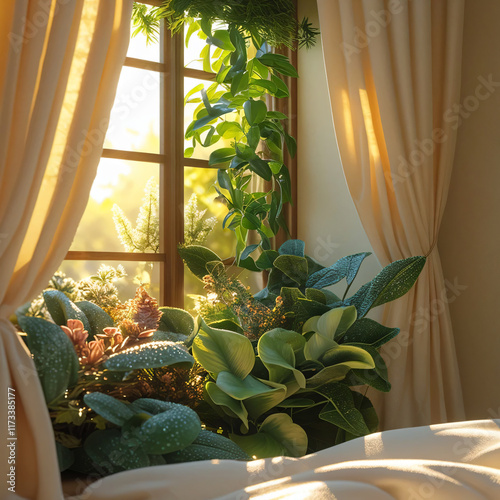 picture of bedroom window filled with plants with sunlight, ai generated
