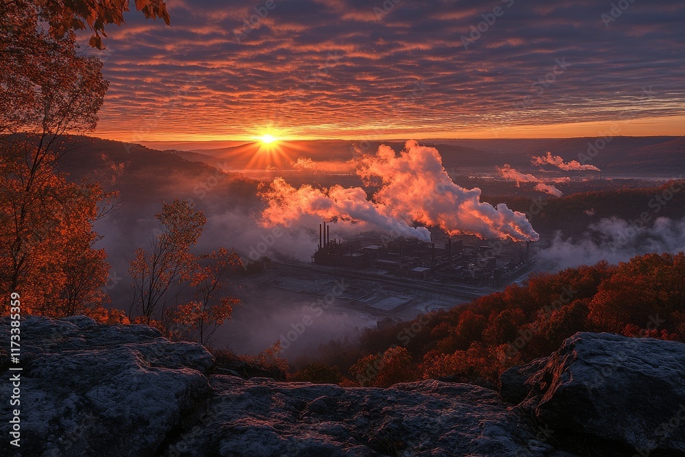Fototapeta premium Sunrise over industrial landscape with smoke and autumn colors in the valley