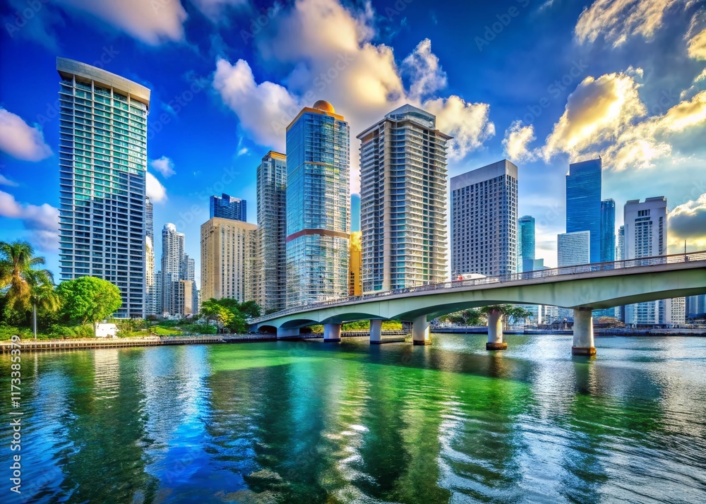 Fototapeta premium Miami River, Brickell Avenue Bridge, Downtown Skyline, Florida, Urban Landscape