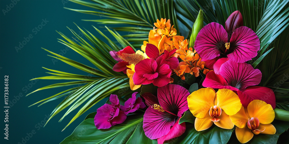 Obraz premium Tropical floral arrangement featuring bright hibiscus, lush palm leaves, and exotic orchids