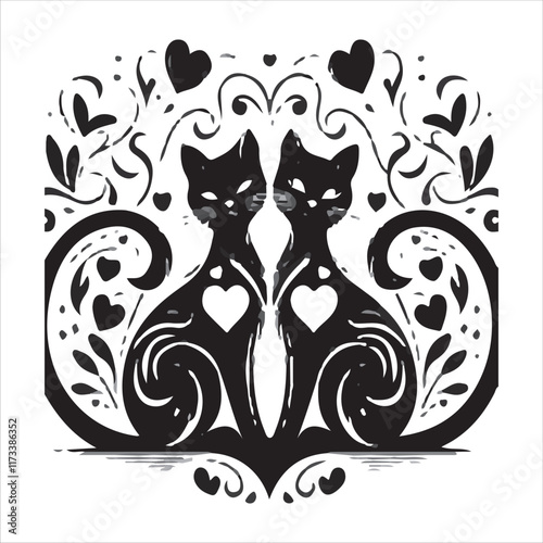 Cats with heart tails design black and white