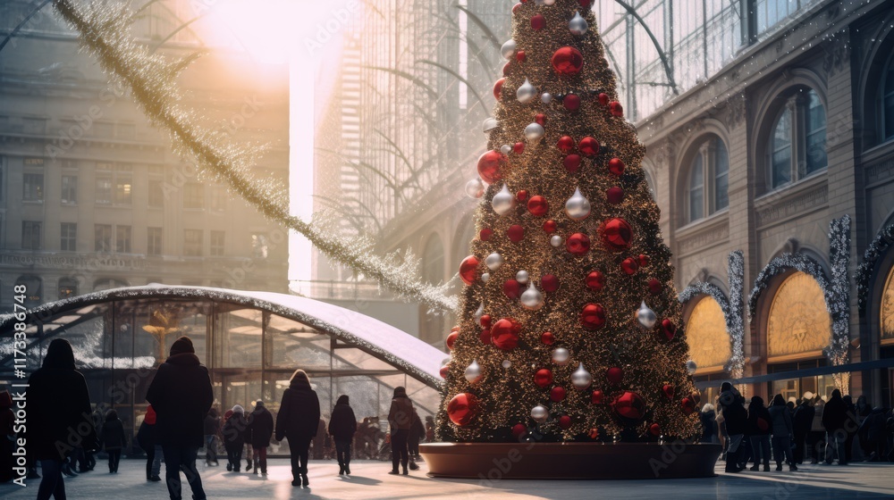 Shoppers bustle in a glamorous mall adorned with a towering Christmas tree, festive decorations sparkling beneath the warm, golden light of the holidays. Shoppers bustle in a glamorous mall adorned with a towering Christmas tree, festive decorations sparkling beneath the warm, golden light of the holidays.