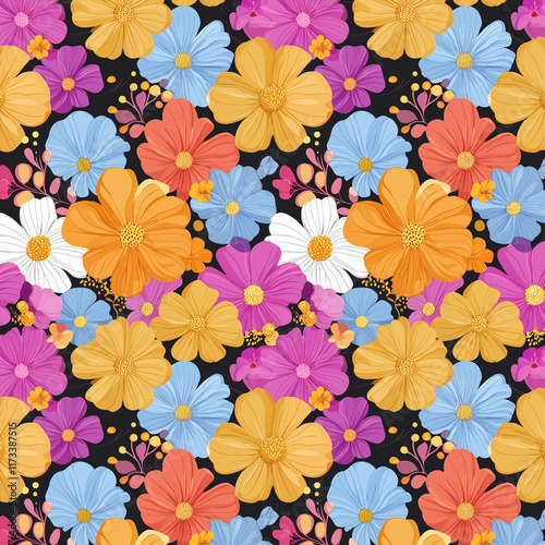 beautiful colorful flowers seamless pattern for background, wrapping, textile , whimsical illustration art style