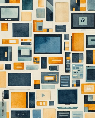 A colorful collage of various screens and devices in shades of blue and orange, showcasing modern technology and digital media elements. Cybersecurity