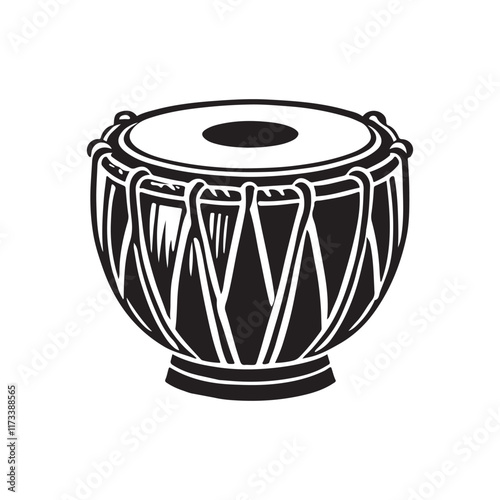 Classic black and white illustration of a traditional Indian tabla drum.