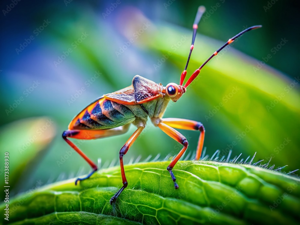 Naklejka premium Miniature Leaf-Footed Bug Nymph on Green Plant - Tilt-Shift Photography