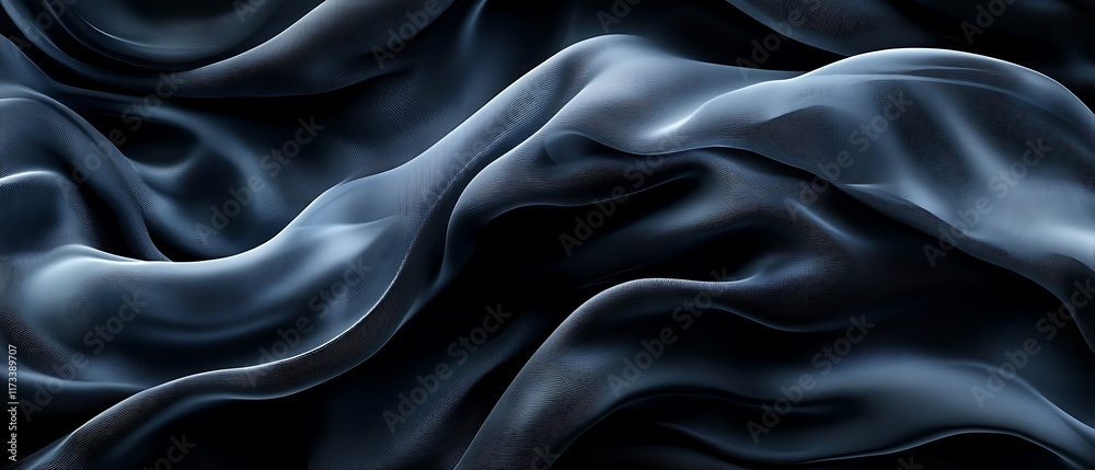 Fototapeta premium Dark blue silk fabric folds, dramatic waves, studio shot, background texture, design.