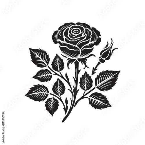 Elegant black and white rose silhouette design, A detailed, ornate silhouette of a rose and its stem with leaves and a bud.