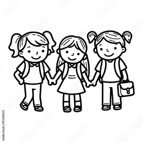 Children Black Outline Holding School Bag with a book Line art vector clipart illustration .	