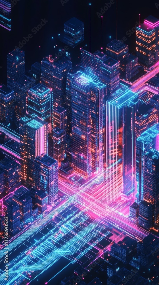 Fototapeta premium Futuristic Isometric Cityscape with Digital Data Visuals in Neon Colors and Advanced Technology Elements