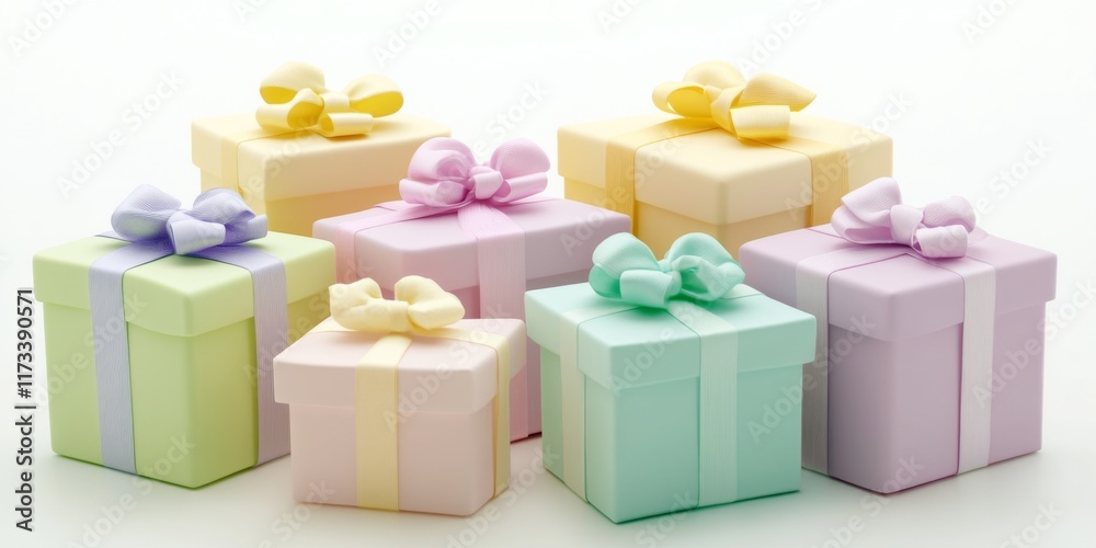 Naklejka premium A collection of pastel-colored gift boxes with intricate bows, arranged with attention to detail and variety in a well-lit setting, creating a festive atmosphere.