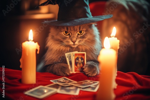 A bewitching cat dons a witch's hat and presides near glowing candles and tarot cards on a velvety red cloth, exuding an aura of magical charm and mystery.